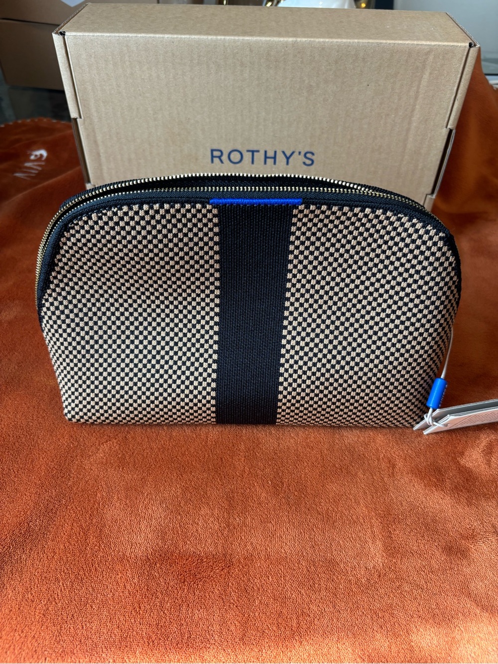 Rothy's Black and Tan Check Mini Toiletry Pouches with Blue Accents - Picture 2 of 8